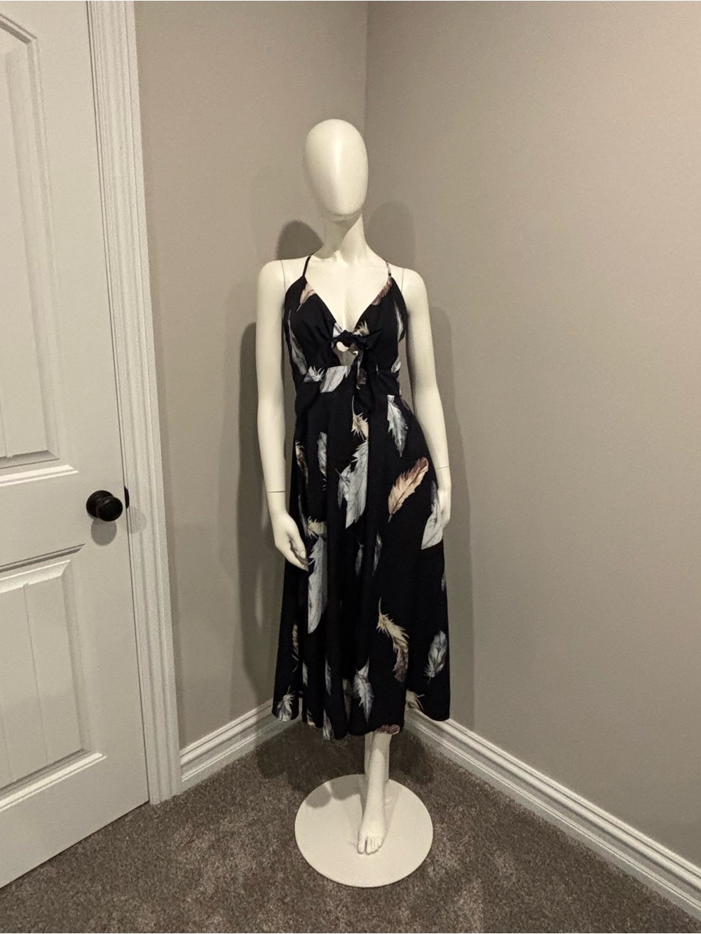 Black Feather-Print Tie-Front Midi Dress